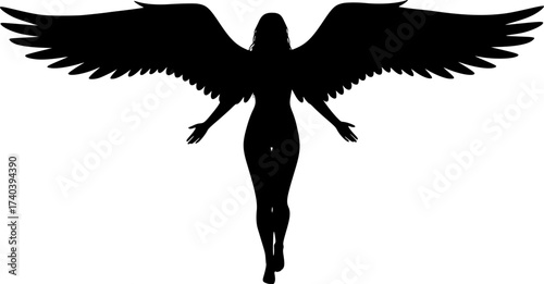 Black Vector Silhouette: Hot Sexy Angel with Extended Wings	