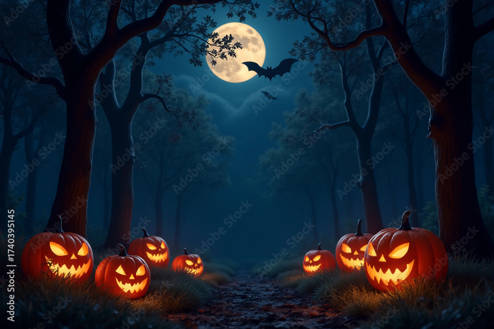 Fototapeta premium Halloween Background with Lanterns in Dark Forest in Spooky Night. Halloween Design in Magical Forest.