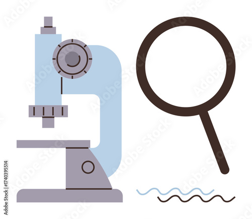 Microscope, magnifying glass, and wavy lines suggesting analysis, exploration, and discovery. Ideal for science, research, education innovation health investigation STEM concepts. Minimalist flat