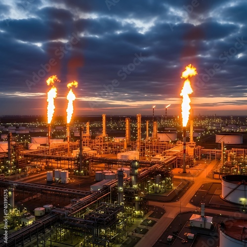 Industrial landscape with burning gas flares at dusk.