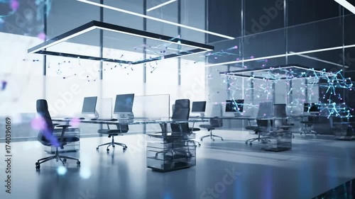 Futuristic Smart Office with Digital Network Connections and Data Visualization.