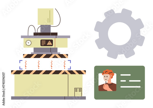 Industrial machine with caution markings, gear graphic, and identification card with portrait and text. Ideal for security, automation, ID verification, industry, technology, manufacturing safety