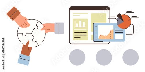 Diverse hands assembling puzzle pieces with interactive analytics dashboard, charts, and graphs. Ideal for teamwork, strategy, innovation, data-driven decisions, management, problem-solving simple