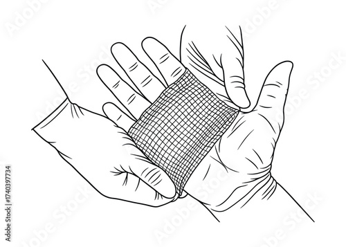 Illustration of Medical Gauze Application on a Hand Wound for Sterile Treatment