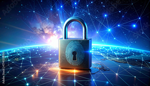 Padlock and fingerprint with digital network lines – cybersecurity concept