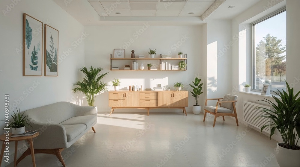 Fototapeta premium Minimalist office waiting room design with plants and natural light