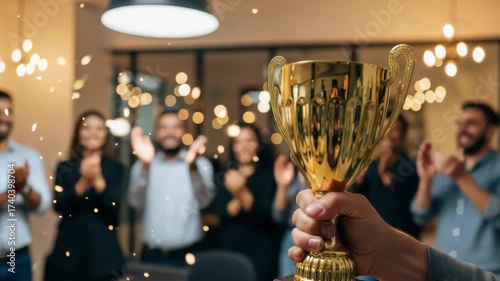 hand triumphantly holds gleaming golden trophy its base visible while diverse group of blurry smiling colleagues applaud amid falling confetti and sparkling bokeh lights indoors