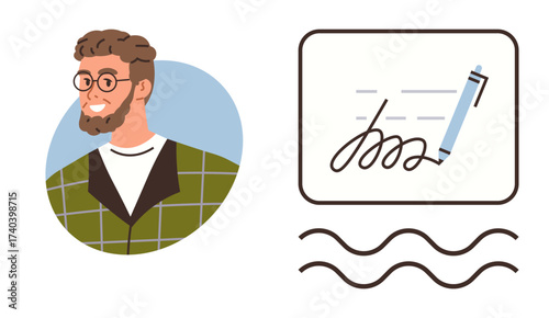 Bearded man in glasses, stylized portrait, formal pen drawing signature on paper document. Ideal for business, agreements, contracts, identification, validation, formalities simple flat metaphor