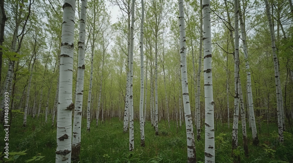 Obraz premium Spring birch forest with bright green leaves
