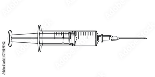 Monochrome Vector Drawing of a Hypodermic Syringe with Needle on White Background