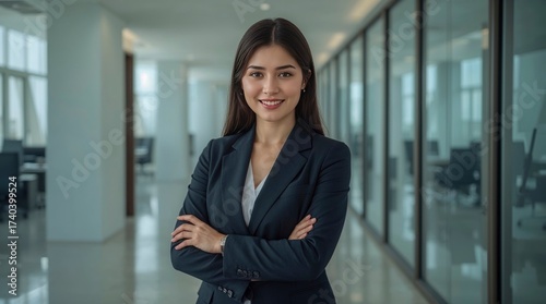 Confident businesswoman portrait standing in modern office Free Download Confident businesswoman portrait standing in modern office - GFXLoad