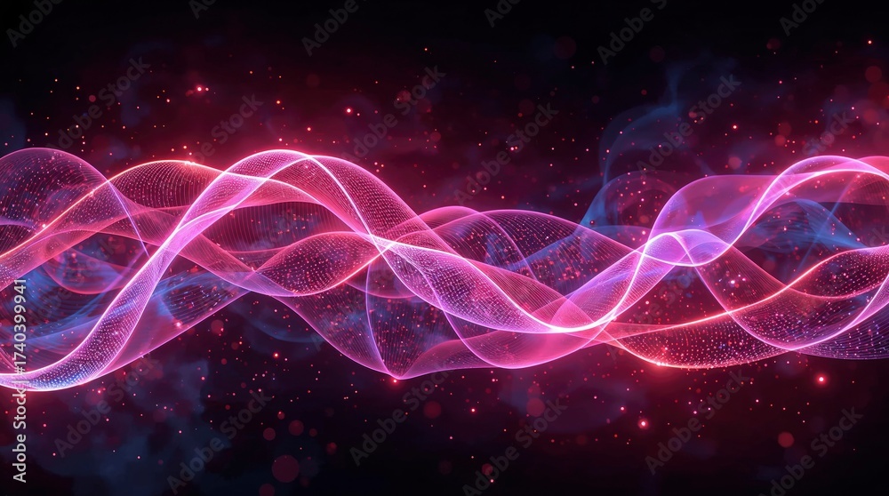 Obraz premium Neon pink blue abstract flowing waves particles background
