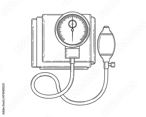 Detailed sphygmomanometer illustration for medical examination or health assessment. A cuff, dial, pump and valve are depicted in vector drawing.