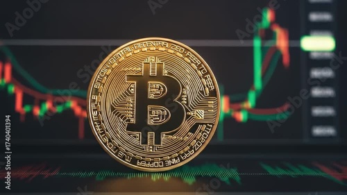 Golden Bitcoin Coin On Dark Background With Red And Green Candlestick Chart Indicating Cryptocurrency Market