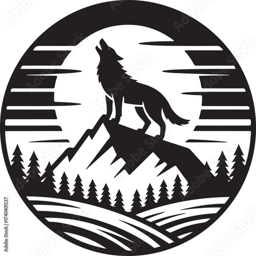 A lone wolf howls at a large orange moon silhouetted against a scenic mountain landscape at sunset with birds flying overhead in a simple elegant