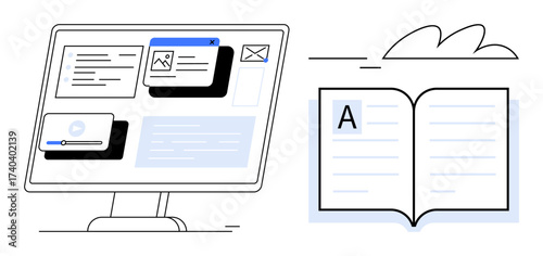 Computer monitor displaying apps, open book signifying knowledge. Ideal for education, e-learning, technology, online collaboration, innovation, content creation, simple flat metaphor