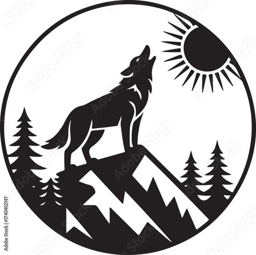 Silhouette of a wolf howling at a large orange moon over a misty mountain landscape.