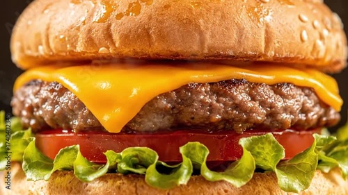 Delicious Cheeseburger: A mouthwatering cheeseburger, meticulously assembled with a juicy beef patty, melted cheese, fresh tomato and crisp lettuce nestled in a sesame seed bun.