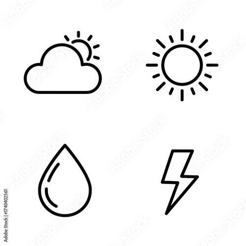 Weather icons including cloud, sun, raindrop, and lightning bolt  