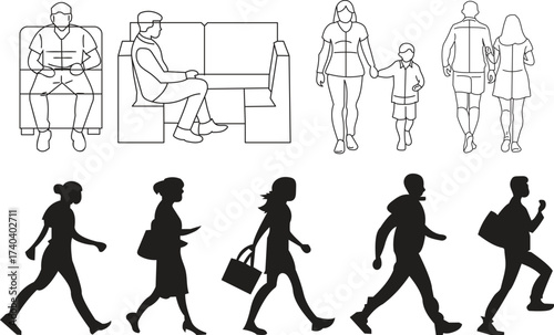  CAD people silhouettes vector set – walking, sitting, and standing men and women outlines, family with child, business figures, and everyday characters isolated on white background