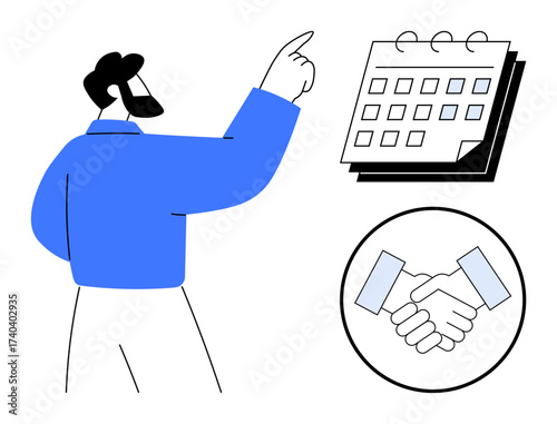 Man gestures at calendar, highlighting event scheduling and planning. Handshake symbolizes agreement, business deals, teamwork. Ideal for planning, organization, business, partnership collaboration