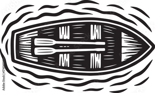 Linocut engraving of a rowboat with oars resting inside, floating on rippling waters in black and white style