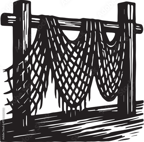 Black and white linocut print of fishing nets hanging on wooden dock posts in woodcut engraving style