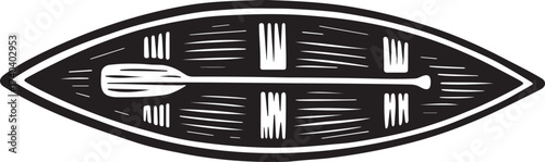 Linocut woodcut style print of a traditional canoe with paddle across wavy water in bold black and white engraving style