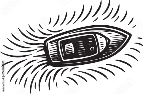 Linocut illustration of a motorboat cutting through ocean waves in bold black and white woodcut engraving style