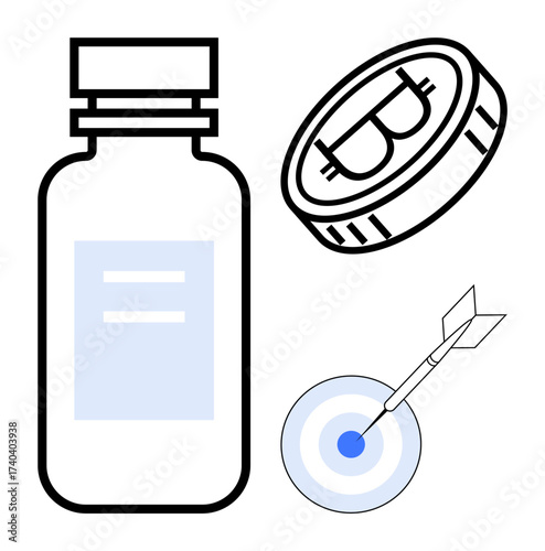 Medicine bottle, cryptocurrency coin, and dart hitting a bullseye target. Ideal for innovation, healthcare funding, investment, precision, strategy cryptocurrency progress. Simple flat metaphor