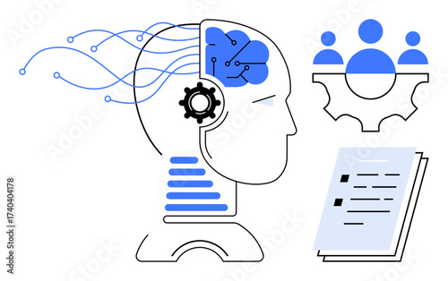 Human head with gears and neural connections, team collaboration gear icon, and document. Ideal for AI, teamwork, innovation, technology, machine learning data analysis computational thinking. A