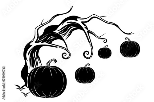silhouette of a creepy old tree with halloween pumpkin