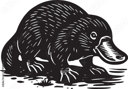 Platypus black and white linocut illustration engraving style by water edge wildlife artwork
