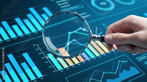A hand holding a magnifying glass over a data analysis chart, examining trends and statistics.