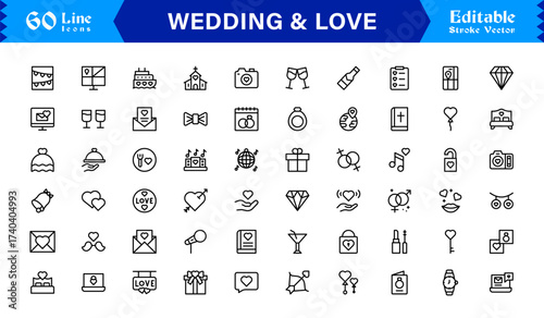 Wedding and Love line icon set featuring editable, pixel-perfect icons. Includes professional, minimal, and modern designs capturing romance and celebration themes.