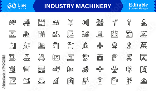 Premium Industry Machinery Line Icon Set Featuring Professional, Modern, And Minimal Editable Line Art For Construction, Manufacturing, And Heavy Equipment