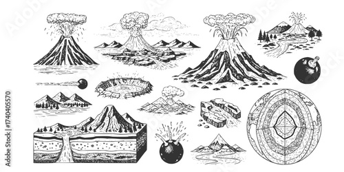 Hand-Drawn Vintage Volcanic Eruptions and Natural Landscapes Vector Collection: Engraving Style Volcano, Mountain, Forest, Geyser, and Nature Scenes. Retro Illustration Set.


