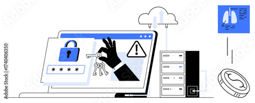 Laptop showing a locking screen, keys in a hand, cloud, database, warning icon. Ideal for cybersecurity, data privacy, online safety, hacking prevention technology security digital encryption