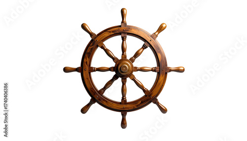 Aged wooden ship's wheel against a black background