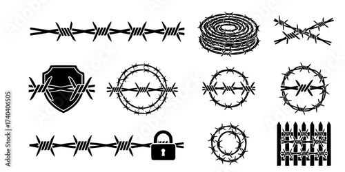 Minimalist Barbed Wire Vector Icons Set: Security, Defense, Protection, Fence, Border, Danger, and Restricted Area Concepts. Simple Line Art Graphics Collection.

