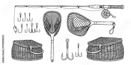 Vintage Fishing Gear Vector Collection: Engraving Style Rod, Reel, Net, Hooks, Wicker Basket, and Lures. Retro Angler Equipment Illustration Set.

