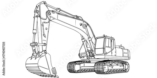 Detailed Outline Construction Excavator Vector: Heavy Machinery, Digger, Earth Mover, Crane, Engineering, and Industrial Equipment. Technical Blueprint Illustration.

