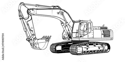 Detailed Outline Construction Excavator Vector: Heavy Machinery, Digger, Earth Mover, Crane, Engineering, and Industrial Equipment. Technical Blueprint Illustration.

