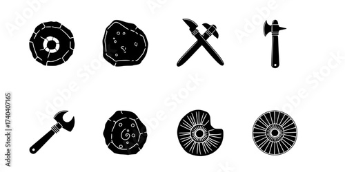 Archaeology Icons Vector Set: Artifacts, Tools, Fossils, Excavation, History, Museum, and Research. Bold Silhouette Graphics Collection for Science Design.

