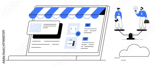 Laptop with storefront awning and e-commerce elements, people balancing ideas on a seesaw. Ideal for technology, business, teamwork, e-commerce, innovation, balance strategy. Simple flat metaphor