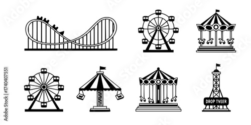 Minimalist Amusement Park Ride Vector Icons Set: Roller Coaster, Ferris Wheel, Carousel, Bumper Car, and Funfair. Simple Line Art Graphics for Theme Park Design.


