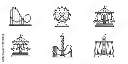 Minimalist Amusement Park Ride Vector Icons Set: Roller Coaster, Ferris Wheel, Carousel, Bumper Car, and Funfair. Simple Line Art Graphics for Theme Park Design.


