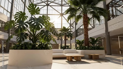 Contemporary Building Interior with Biophilic Design and Lounge Area.