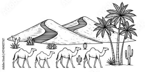 Desert Elements Vector Collection: Engraved Camels, Sand Dunes, Palm Trees, Oasis, Cactus, Sun, and Caravan. Vintage Arid Landscape & Travel Illustration.

