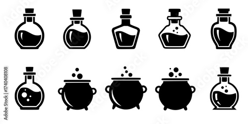 Silhouette Potion Bottles & Cauldrons Vector Icons Set: Magic, Spell, Witchcraft, Alchemy, Fantasy, and Wizardry Symbols. Mystical Graphics for Gaming & Halloween.

